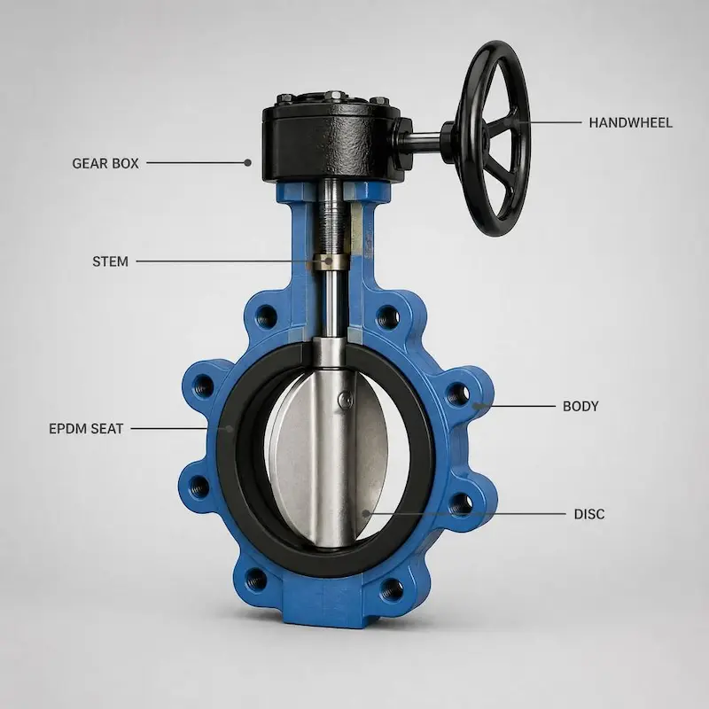 Gearbox-operated actuated butterfly valve