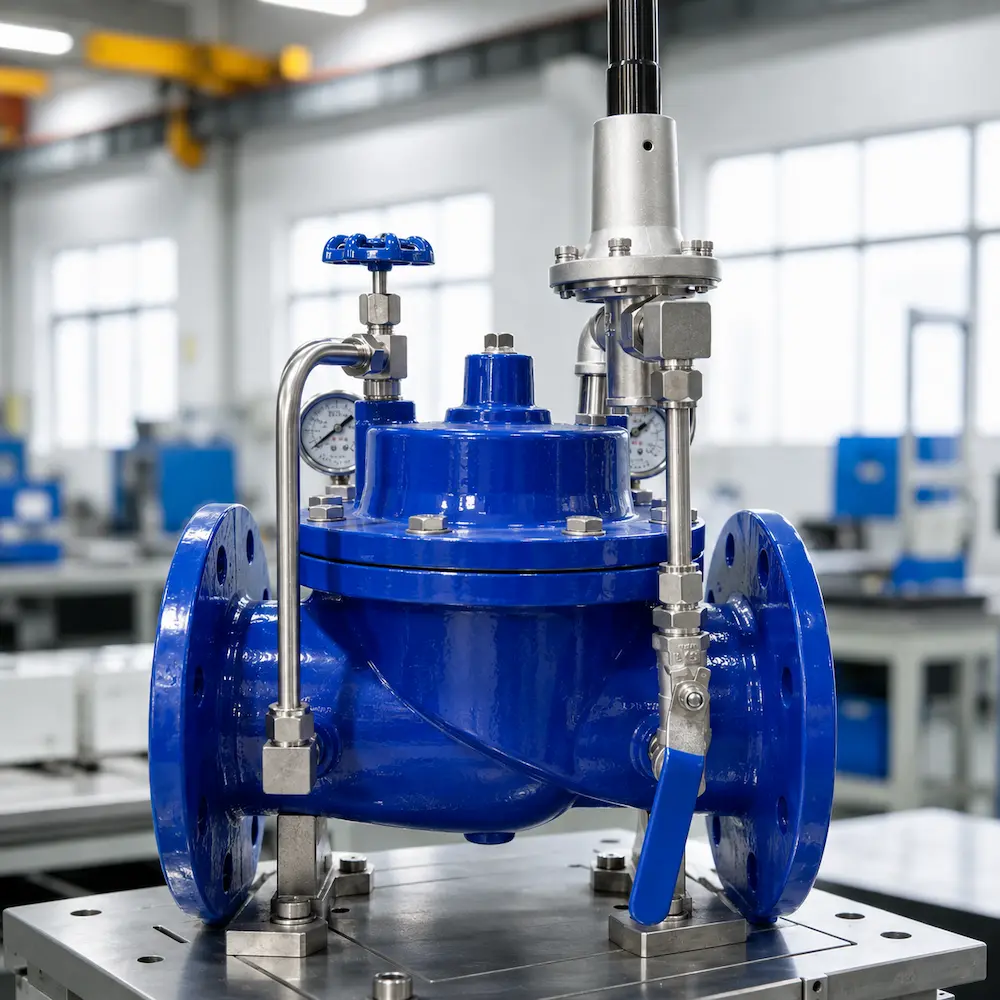 Hydraulic control valve for pressure and flow control in water distribution networks